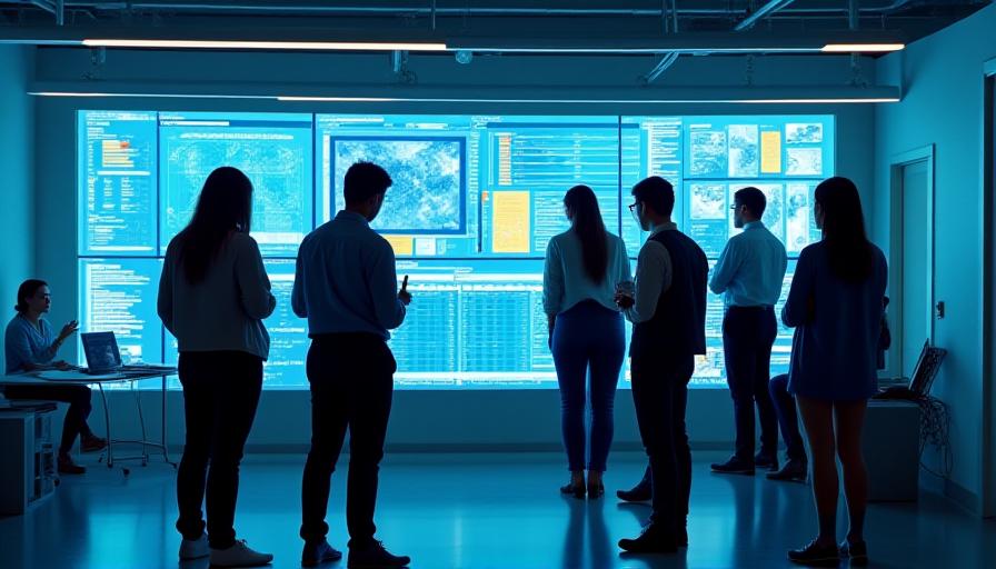 A modern startup team analyzing a live dashboard with colorful data visualizations on a large screen.